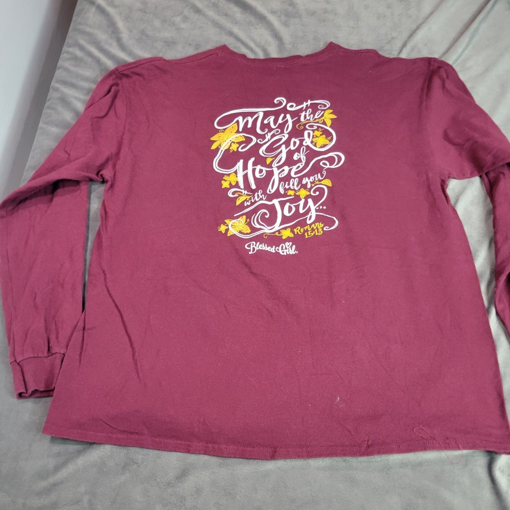 Blessed Girl Womens Long‎ Sleeve Maroon Graphic T-Shirt Romans 15:13 Size XL